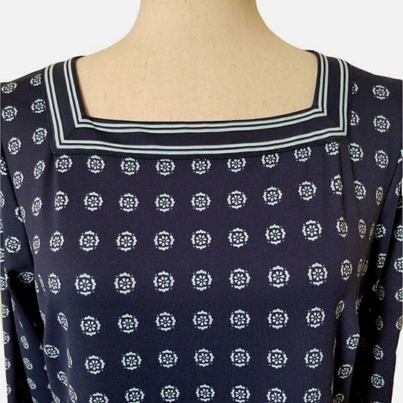 Talbots Navy Blue & Mint Green Patterned Square Neck Stretch Shift Dress Size M - Picture 4 of 6